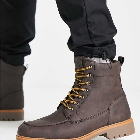 Jack & Jones faux leather brown size 8 lace up‎ boots in cognac brown NWT in box main image 9